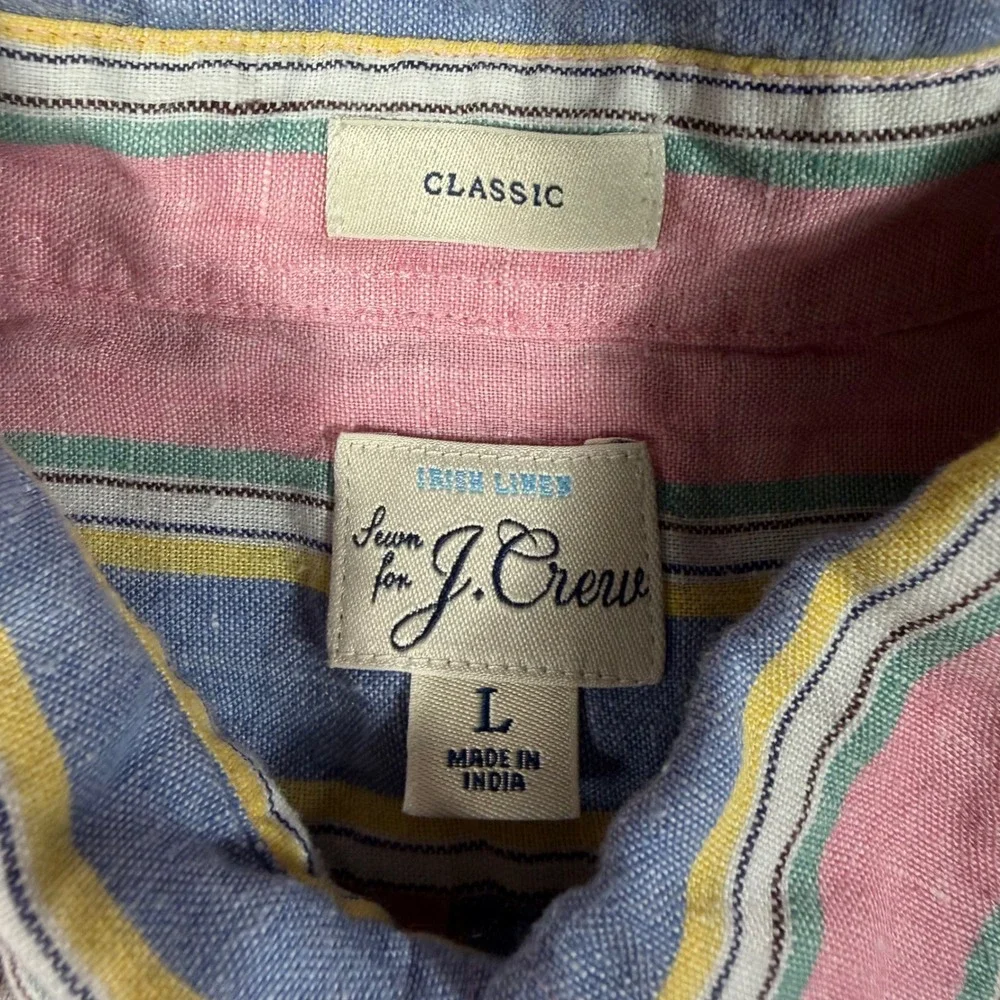 J.Crew Irish Linen Shirt Classic Mens L Pink Blue Stripe 100% Linen EUC